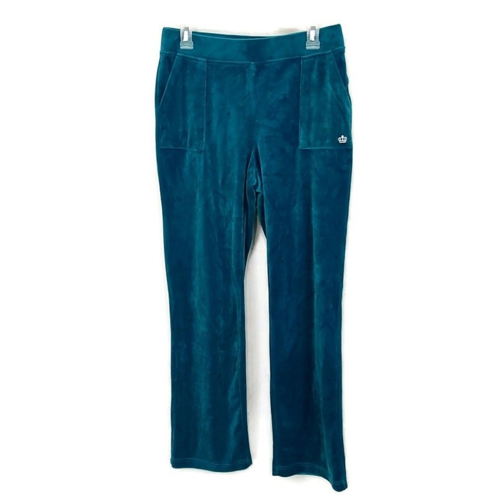Juicy Couture Velour Pants Womens Medium Green Teal Straight Leg Crown Logo
